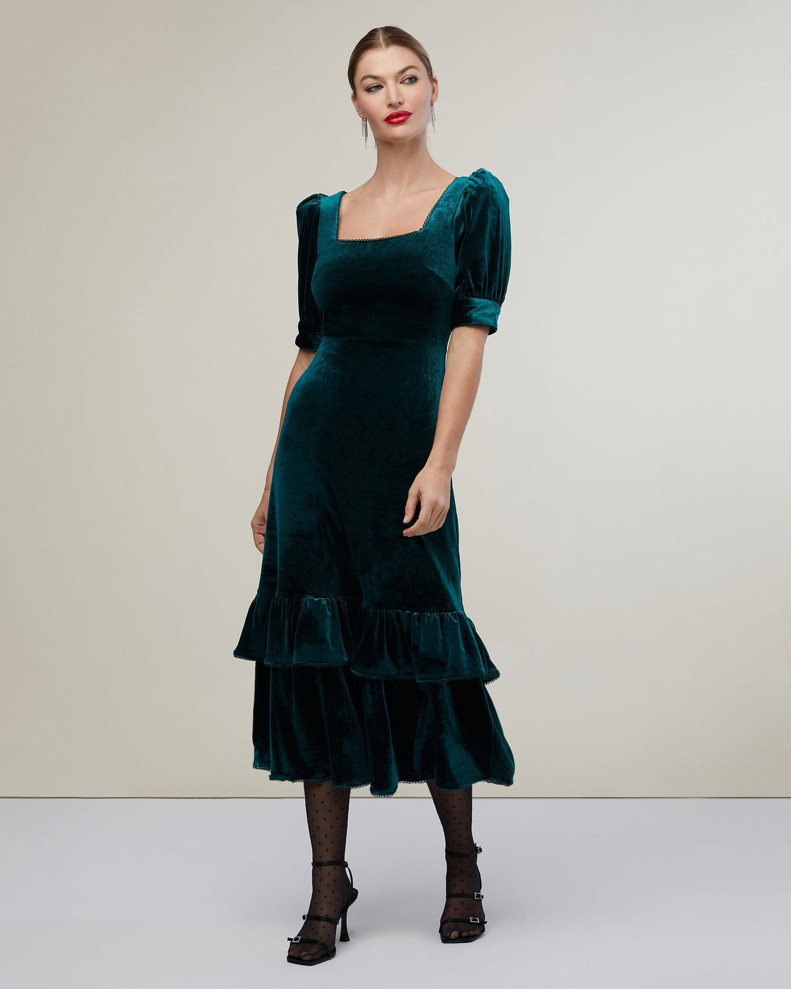 Rachel Parcell | Puff Sleeve Peplum Skirt Midi Dress | Dark Emerald