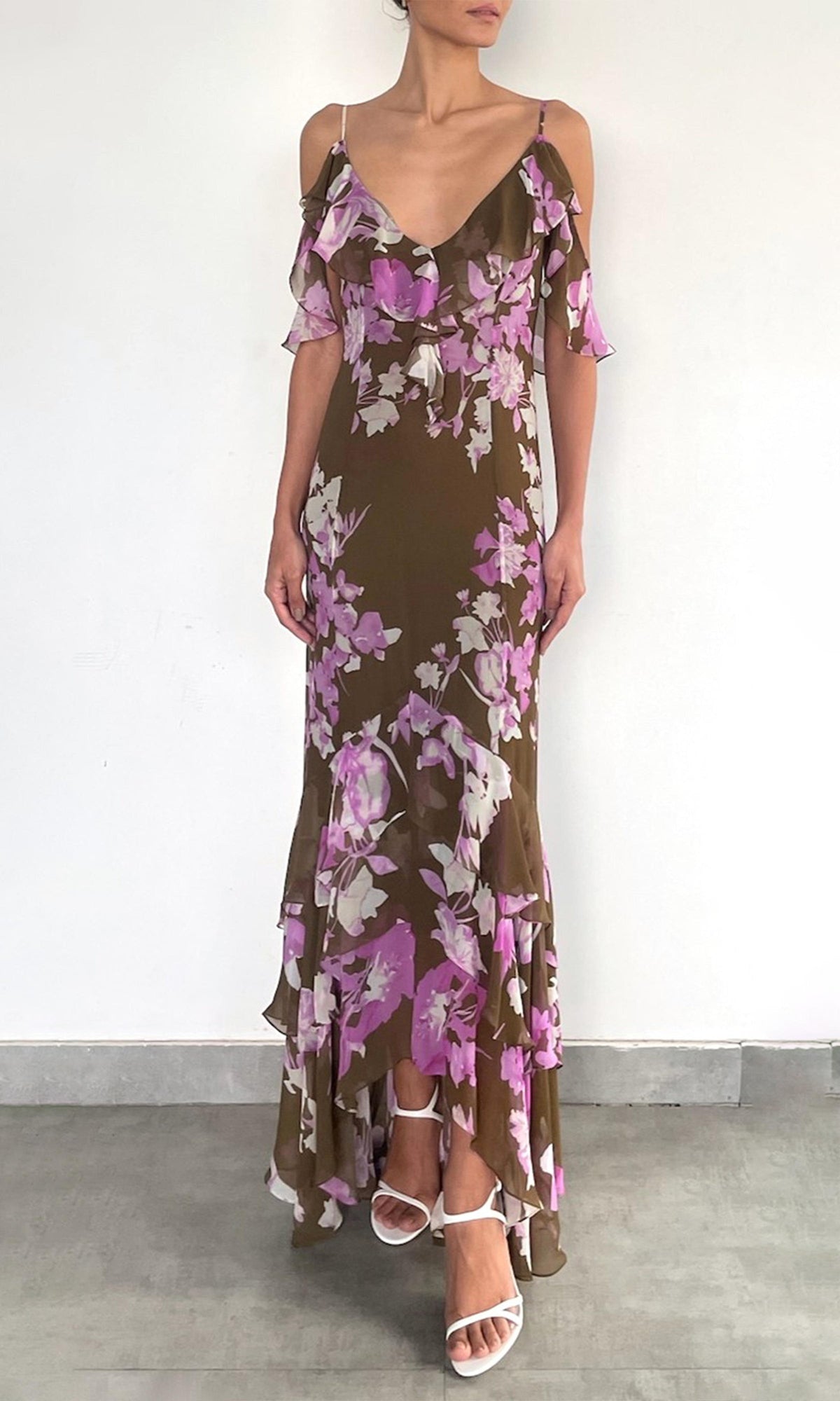 Womens | Alfy Heavy Viscose Crinkle Chiffon Long Dress | Brown Pink