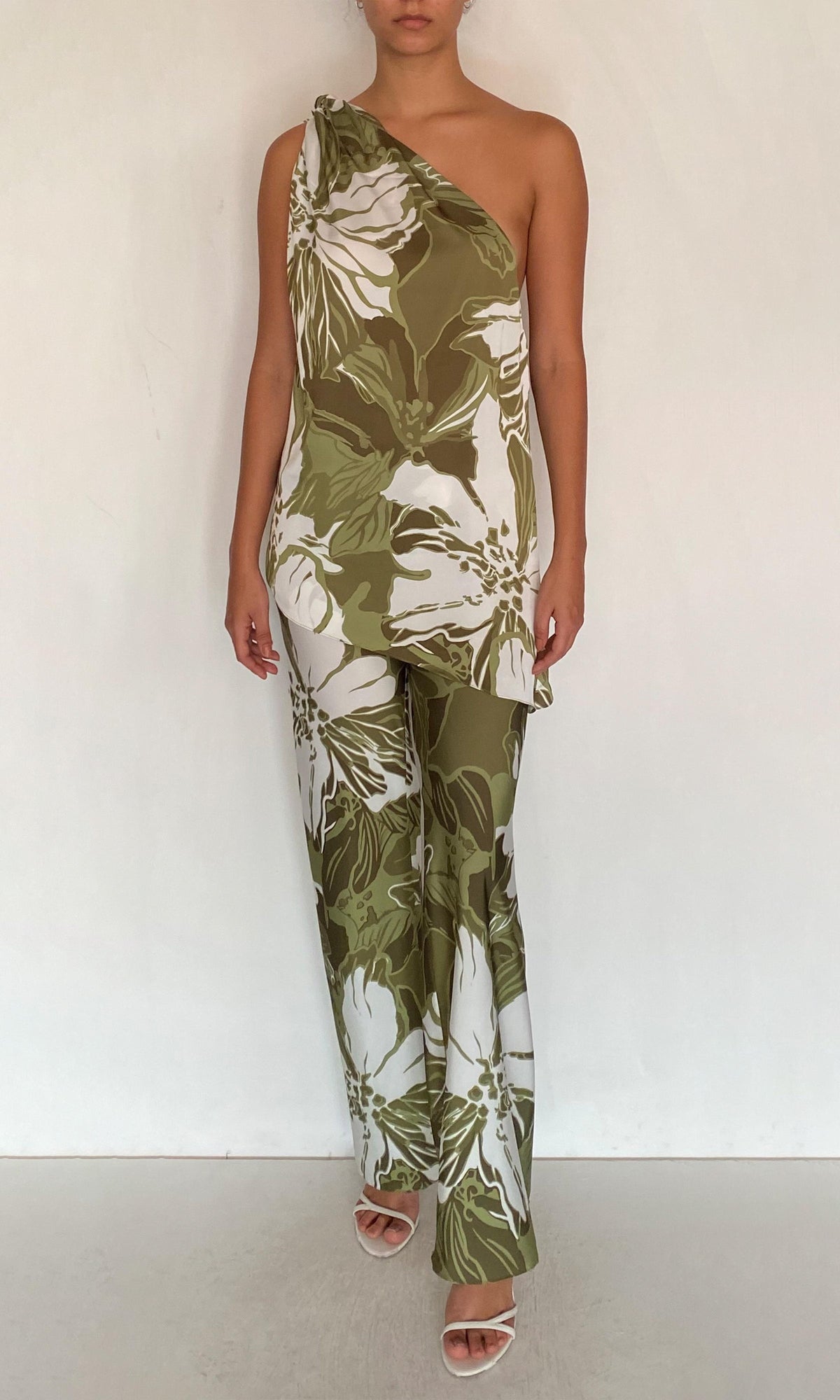 Rococo Sand | Avo Polyester Satin Lycra One Shoulder Top | Green