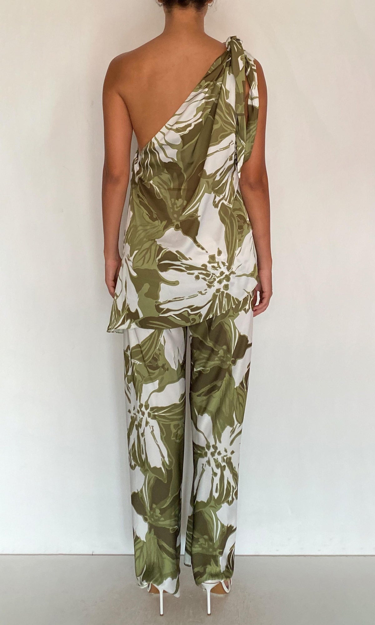 Rococo Sand | Avo Polyester Satin Lycra One Shoulder Top | Green