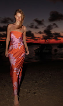 Rococo Sand | Casey Polyester Satin Lycra Strapless Maxi Dress | Orange
