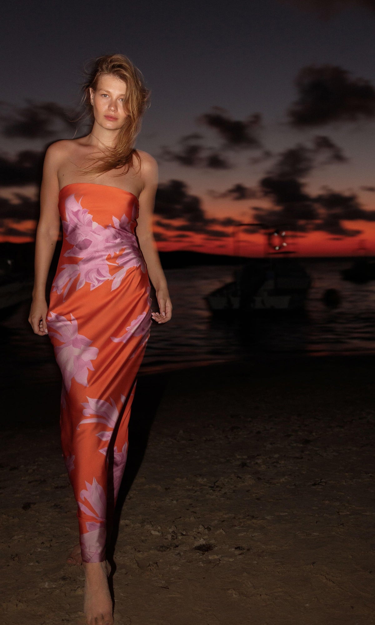 Rococo Sand | Casey Polyester Satin Lycra Strapless Maxi Dress | Orange