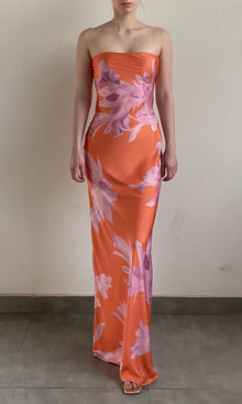 Rococo Sand | Casey Polyester Satin Lycra Strapless Maxi Dress | Orange
