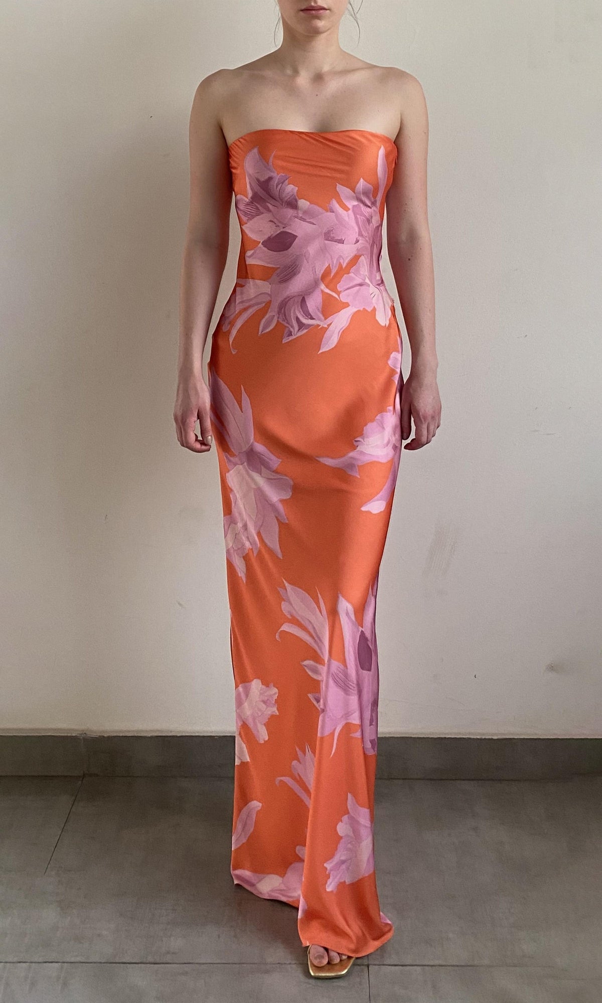 Rococo Sand | Casey Polyester Satin Lycra Strapless Maxi Dress | Orange