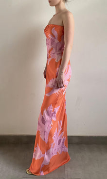 Rococo Sand | Casey Polyester Satin Lycra Strapless Maxi Dress | Orange