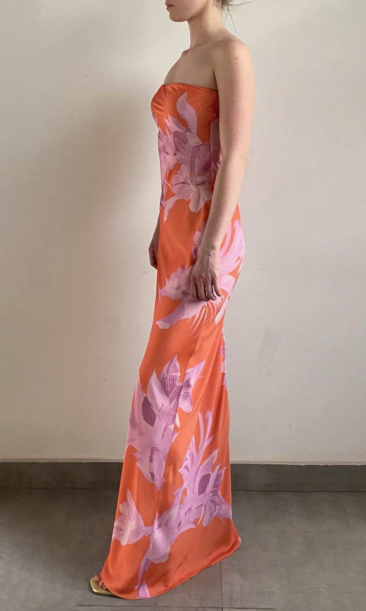 Rococo Sand | Casey Polyester Satin Lycra Strapless Maxi Dress | Orange