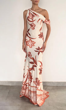 Rococo Sand | Ciro Polyester Satin Lycra One Shoulder Cowl Maxi Dress | Beige Brown