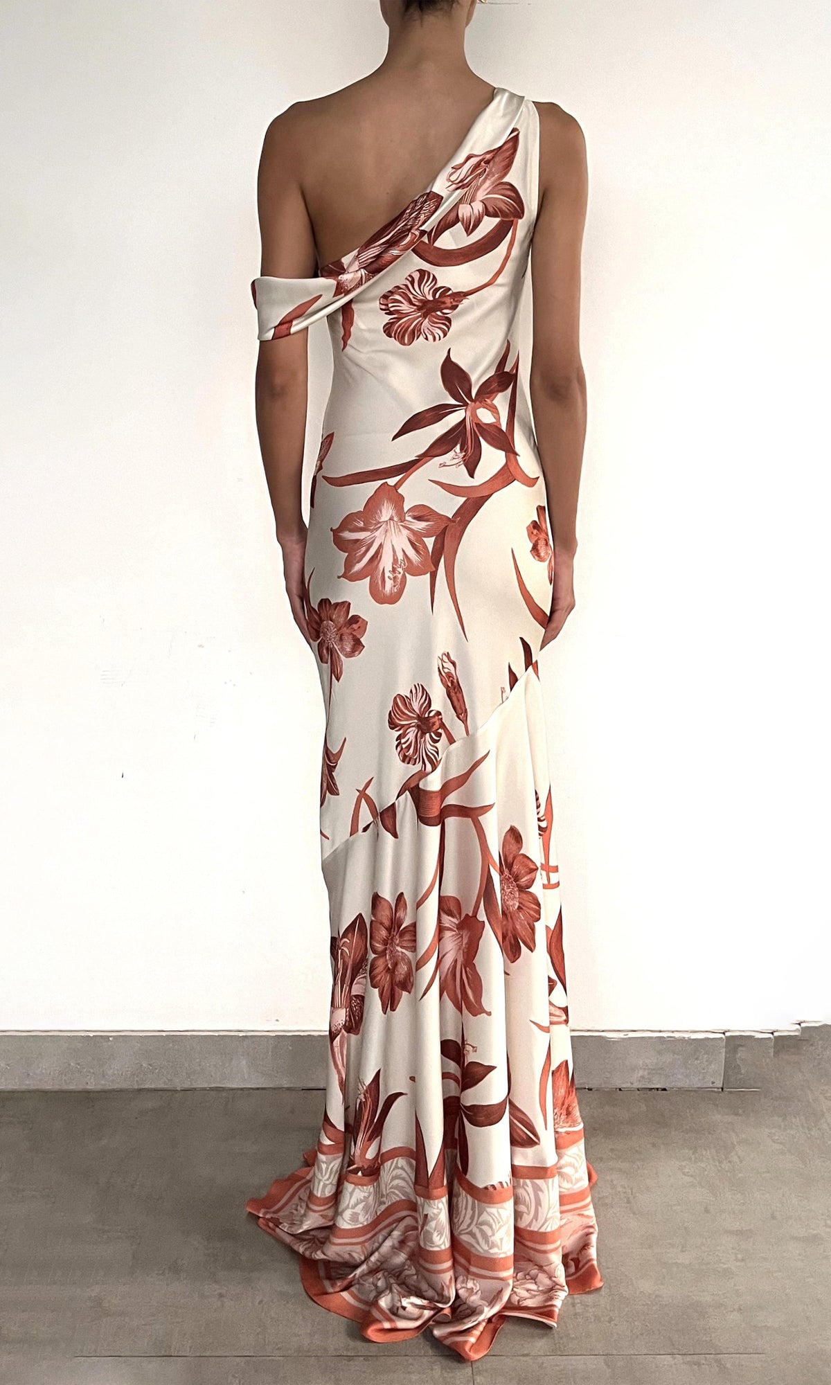 Rococo Sand | Ciro Polyester Satin Lycra One Shoulder Cowl Maxi Dress | Beige Brown