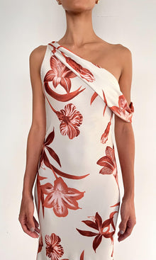 Rococo Sand | Ciro Polyester Satin Lycra One Shoulder Cowl Maxi Dress | Beige Brown