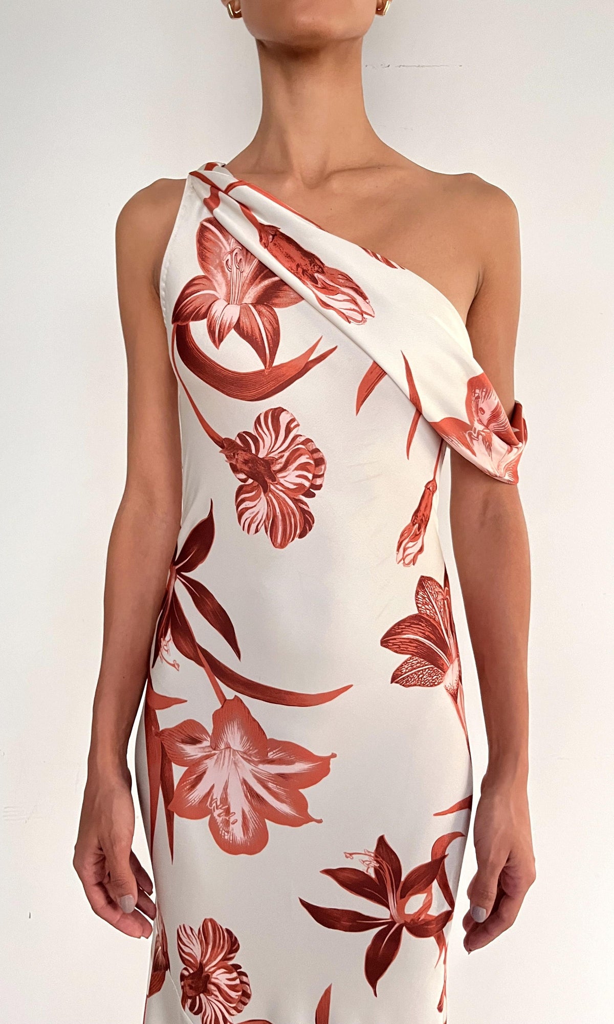 Rococo Sand | Ciro Polyester Satin Lycra One Shoulder Cowl Maxi Dress | Beige Brown
