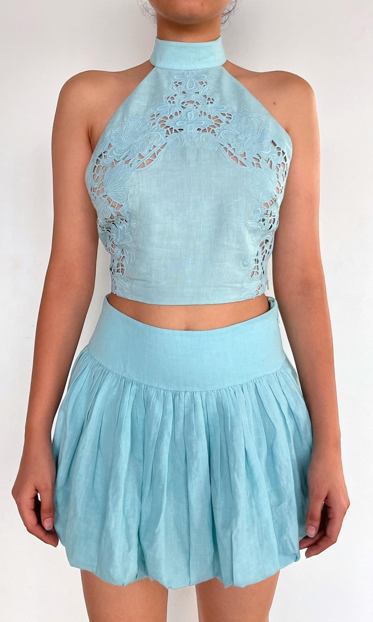 Rococo Sand | Eli Thin Linen Cotton Embroidered Halter Crop Top | Blue
