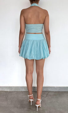 Rococo Sand | Eli Thin Linen Cotton Embroidered Halter Crop Top | Blue