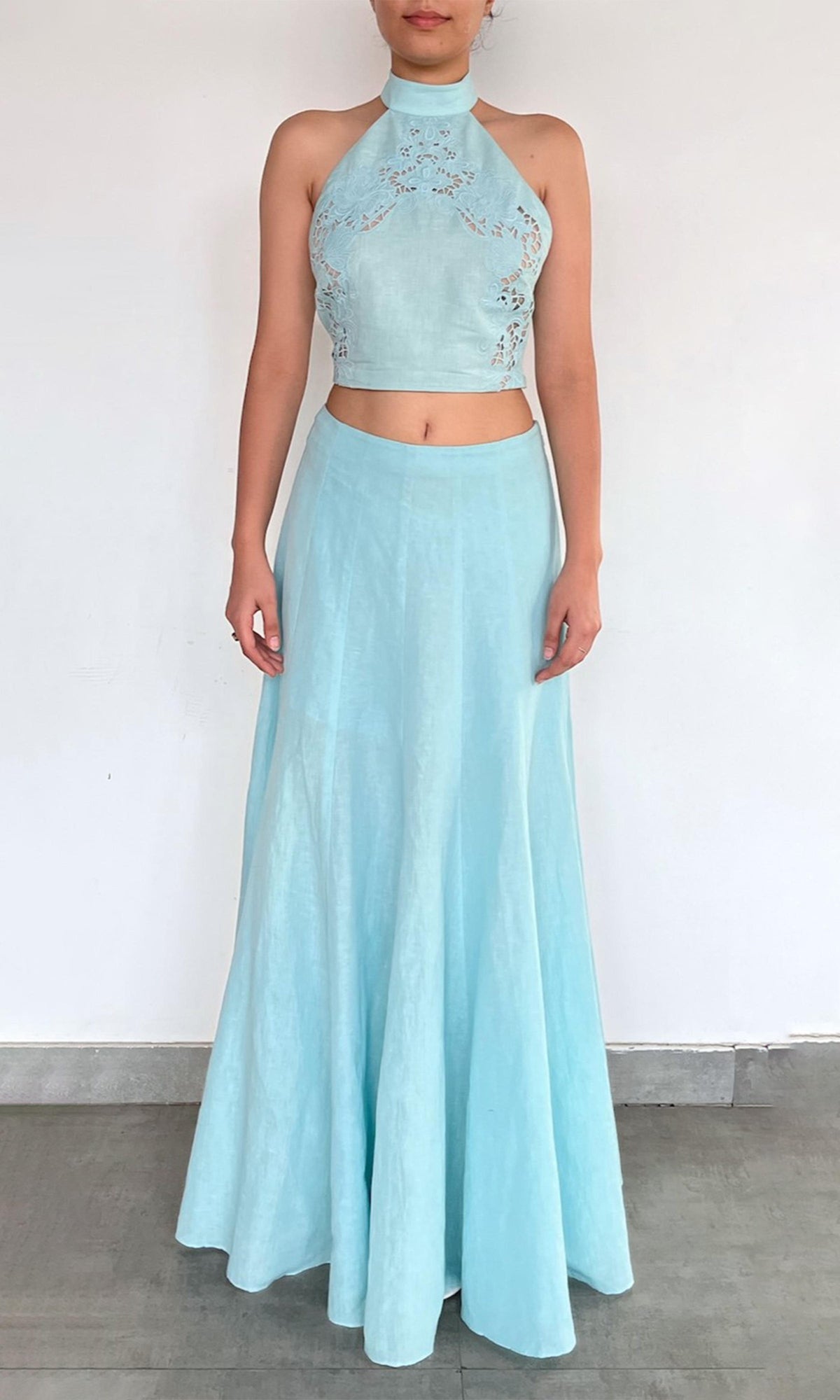 Rococo Sand | Eli Thin Linen Cotton Panelled Maxi Skirt | Blue