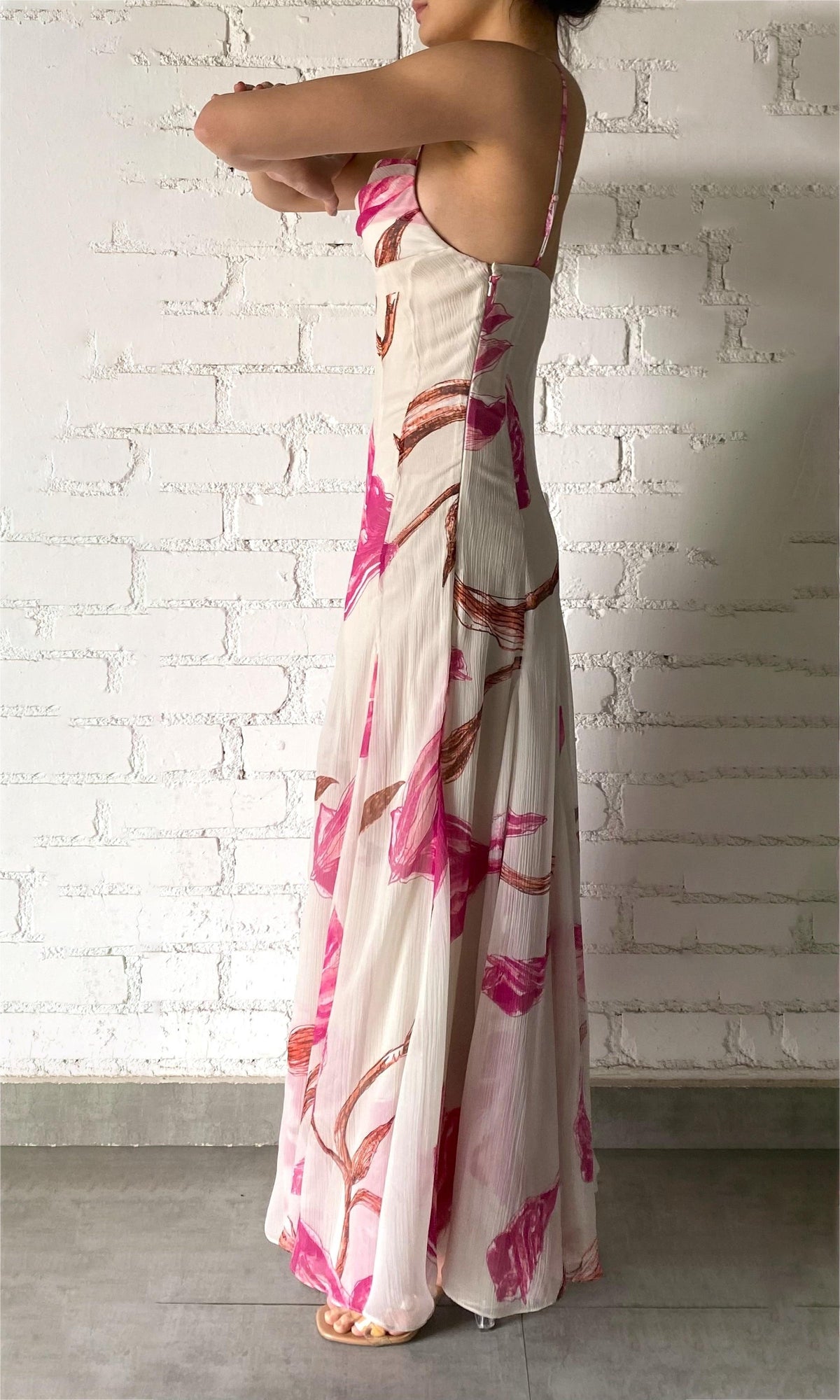 Womens | Grace Polyester Crinkle Chiffon Maxi Dress | White Pink