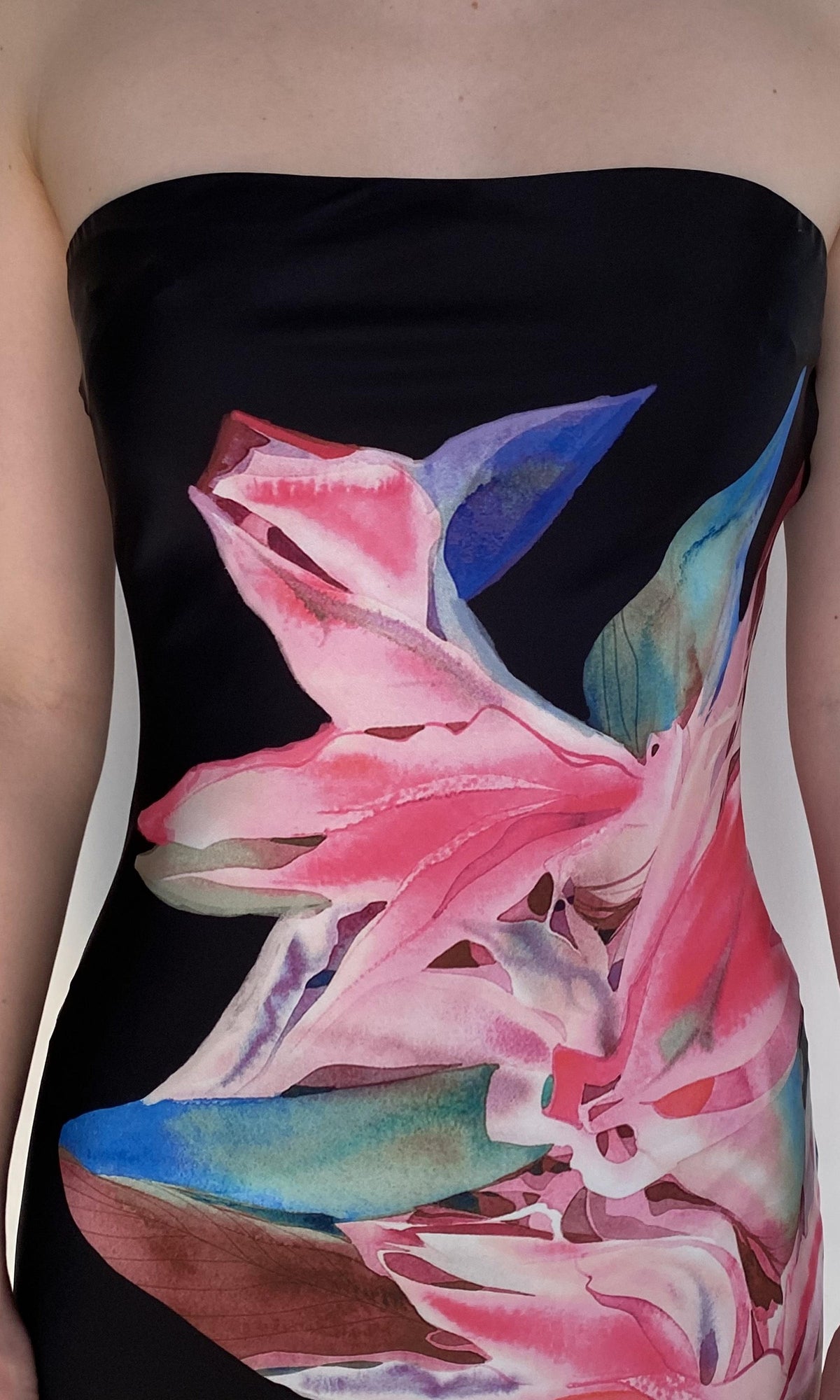 Rococo Sand | Hope Polyester Satin Lycra Strapless Maxi Dress | Black Multi