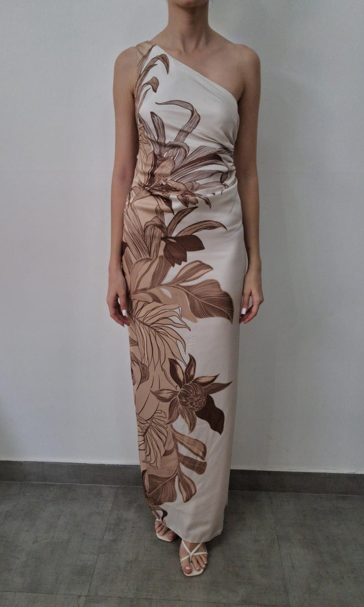 Rococo Sand | Inv Poly Satin Lycra One Shoulder Ruched Maxi Dress | Yellow