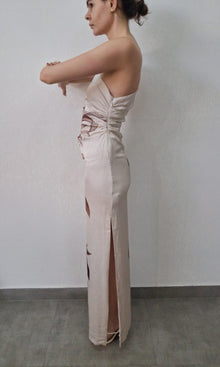 Rococo Sand | Inv Poly Satin Lycra One Shoulder Ruched Maxi Dress | Yellow