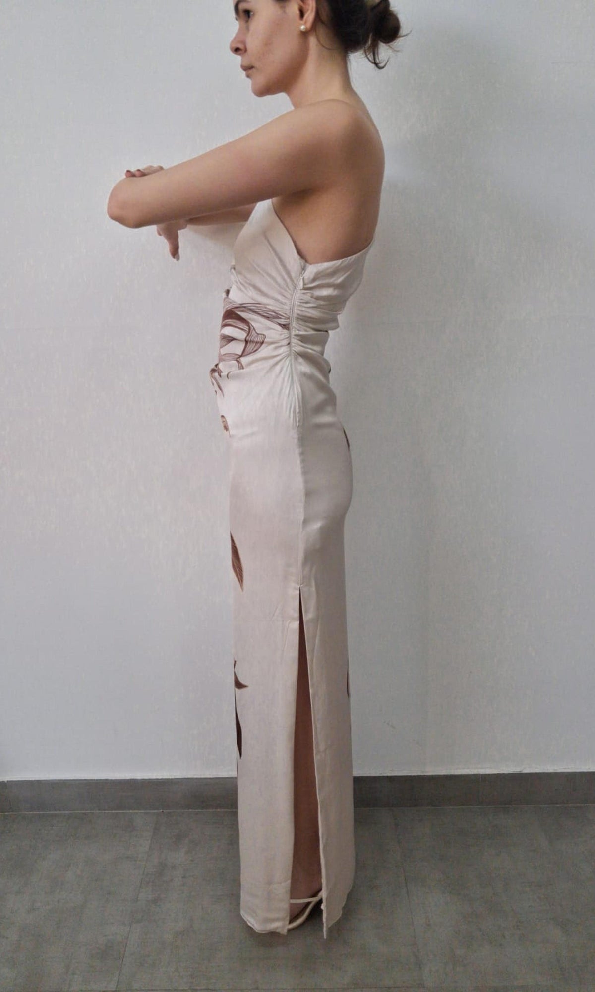 Rococo Sand | Inv Poly Satin Lycra One Shoulder Ruched Maxi Dress | Yellow
