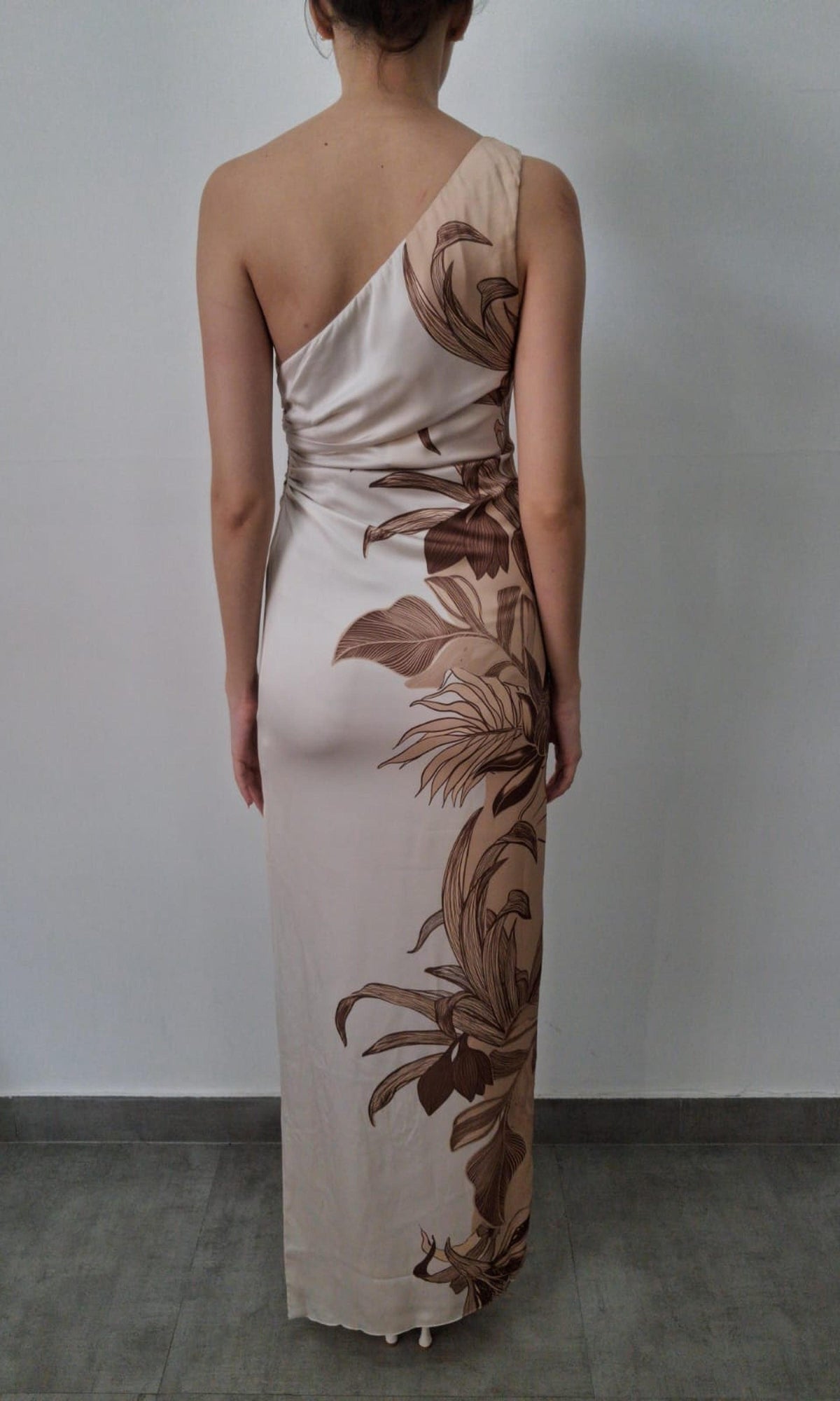 Rococo Sand | Inv Poly Satin Lycra One Shoulder Ruched Maxi Dress | Yellow