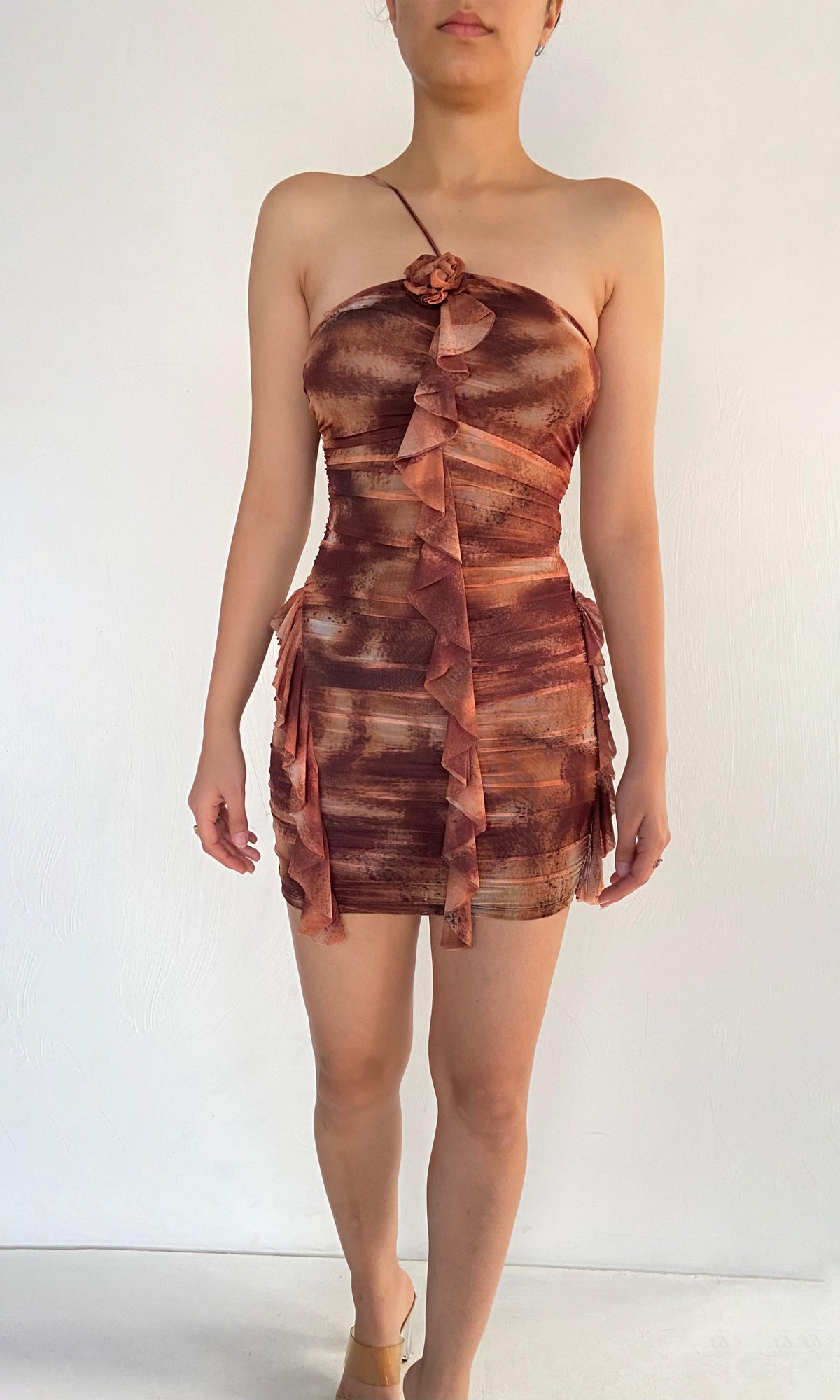 Rococo Sand | Inv Nylon Net Short Dress | Brown
