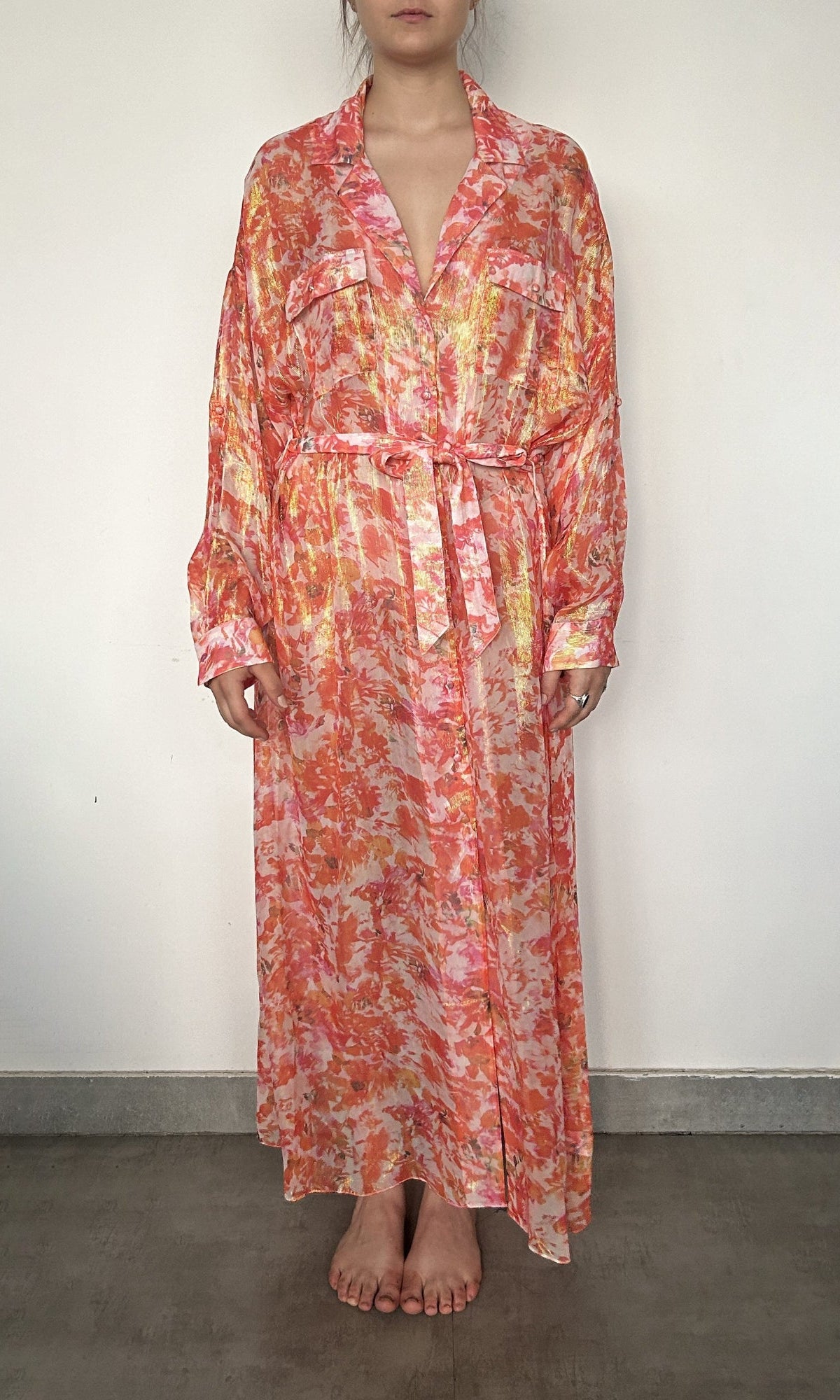 Rococo Sand | Inv Viscose Georgette Cosmic Lurex Long Dress | Orange