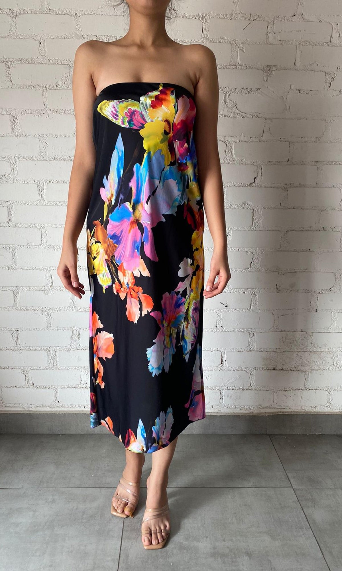 Rococo Sand | Inv Polyester Satin Midi Dress | Black Multi