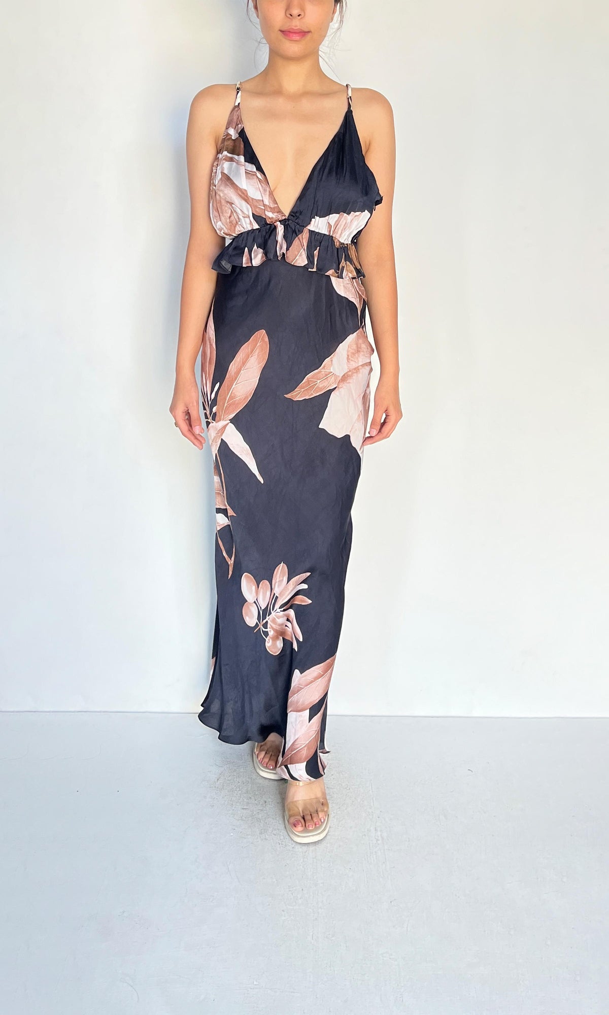 Rococo Sand | Inv Polyester Satin Long Dress | Black Beige
