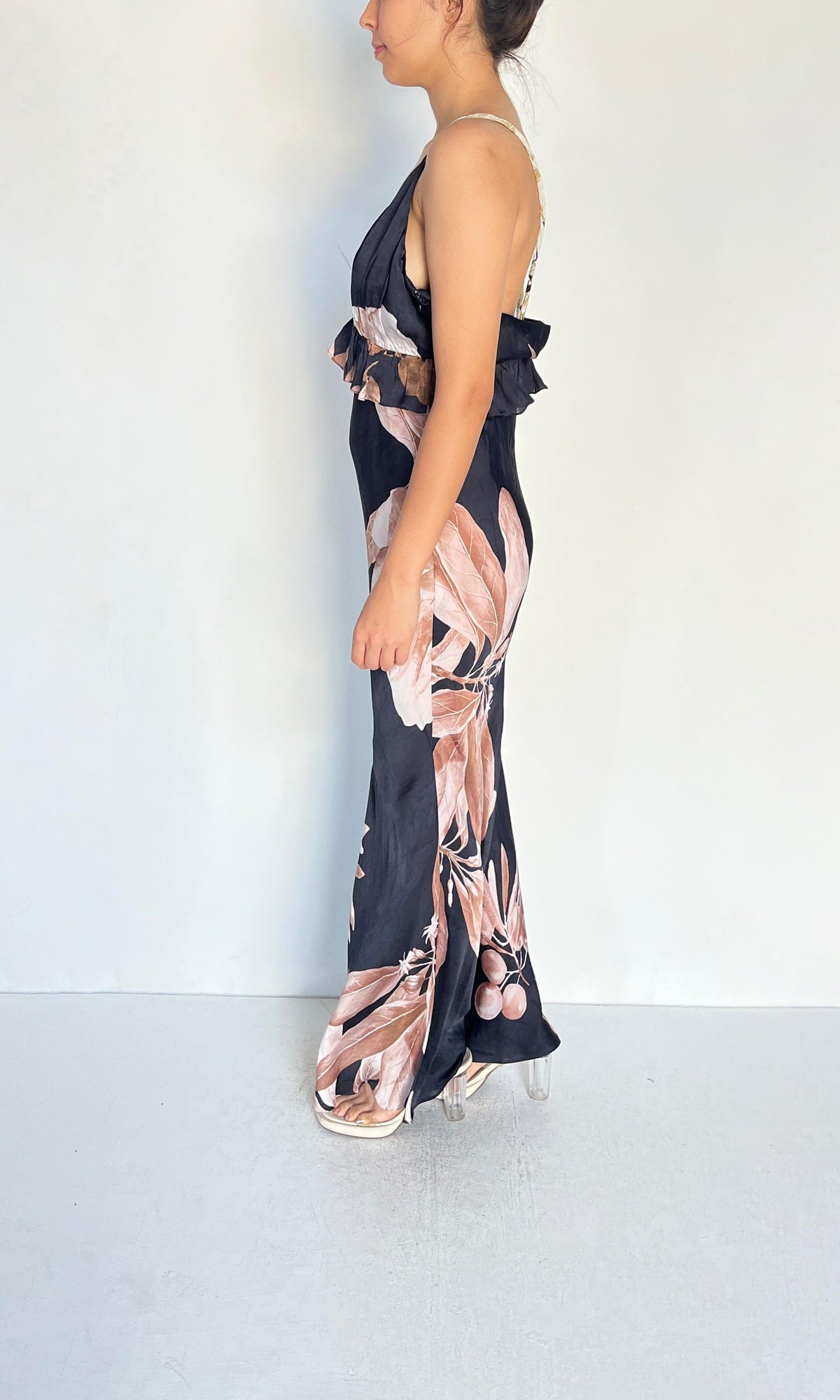 Rococo Sand | Inv Polyester Satin Long Dress | Black Beige