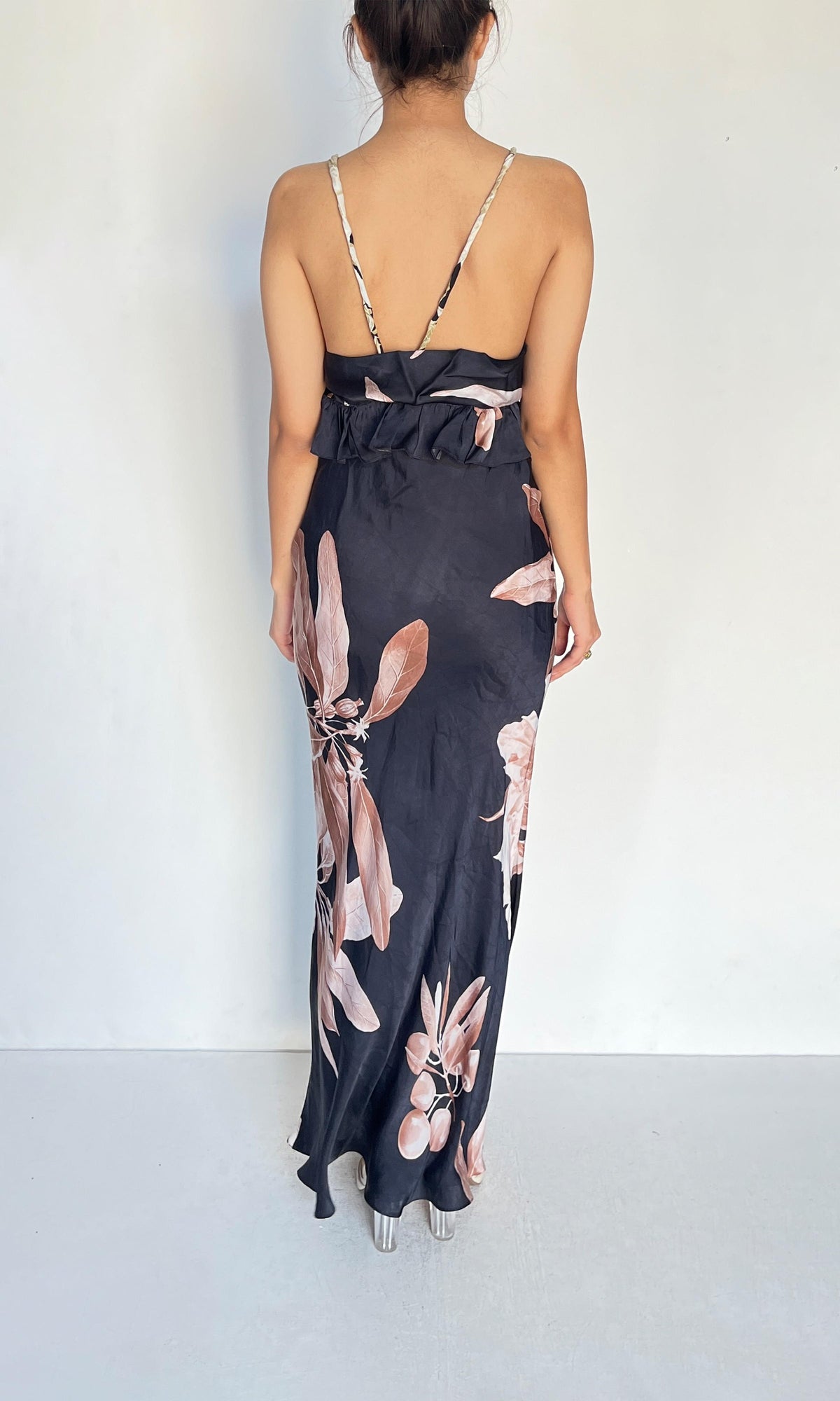 Rococo Sand | Inv Polyester Satin Long Dress | Black Beige