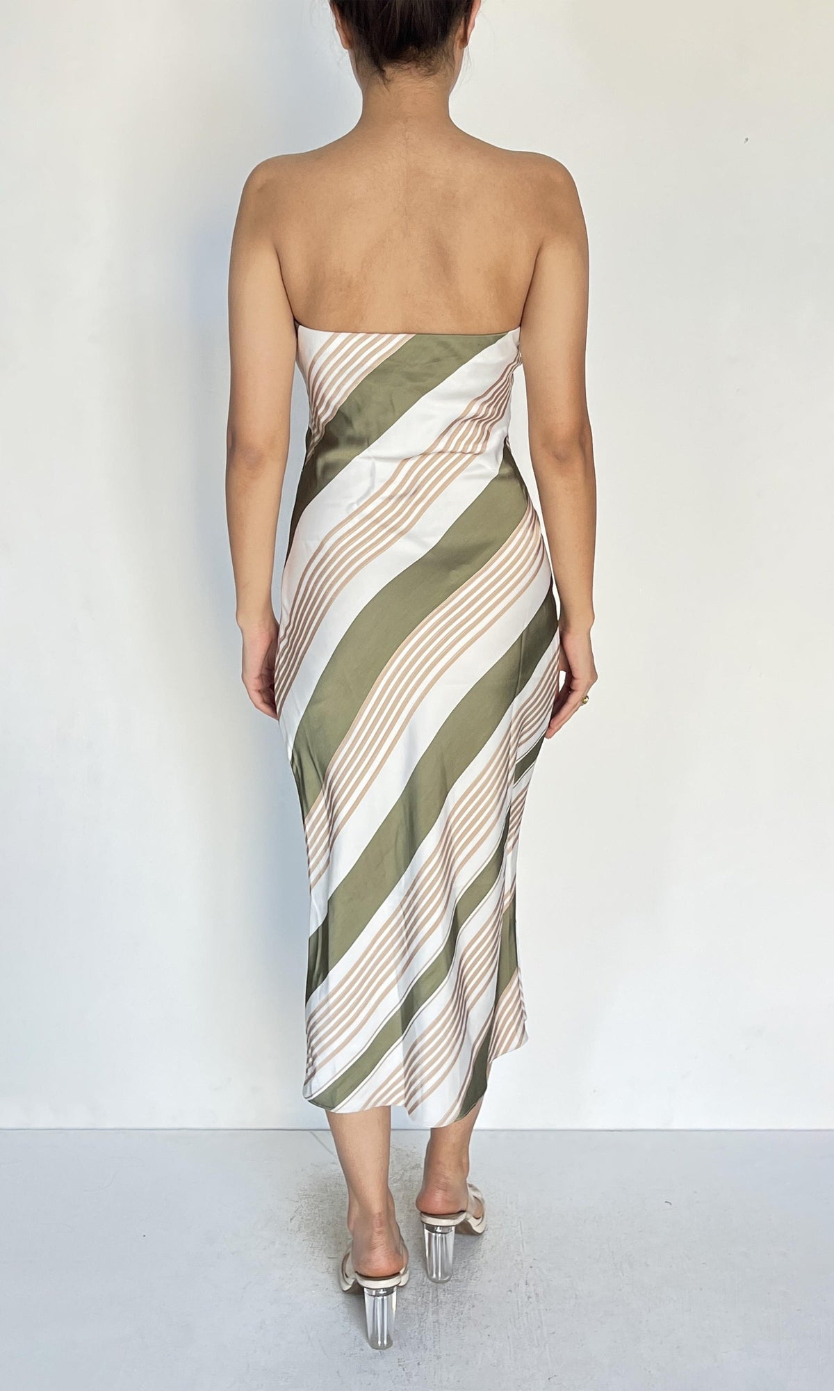 Rococo Sand | Inv Polyester Satin Midi Dress | White Green