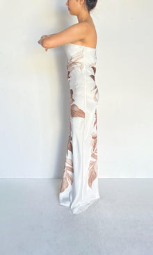 Rococo Sand | Inv Polyester Satin Strapless Maxi Dress | Brown White