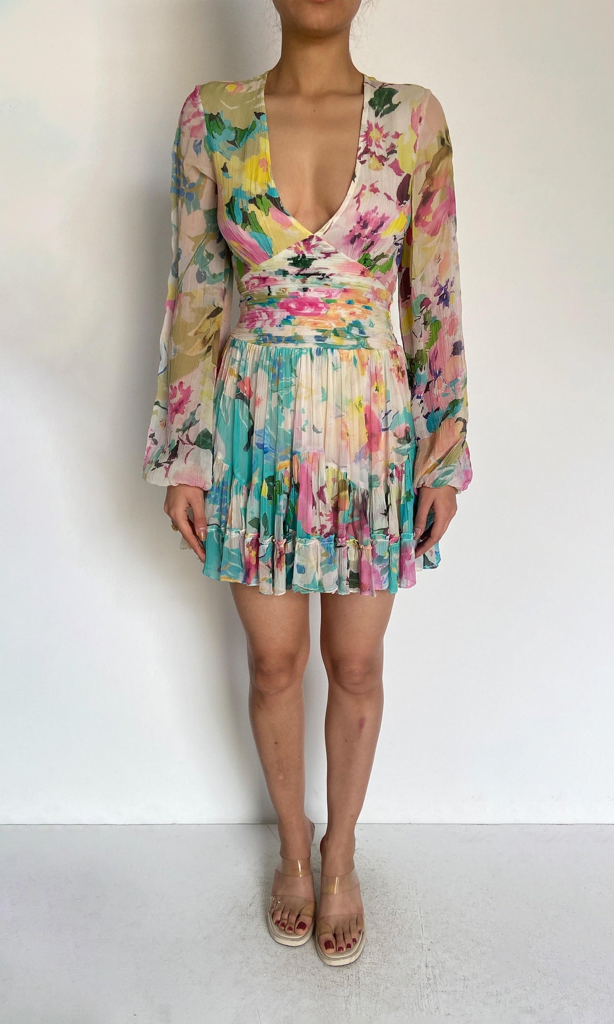 Rococo Sand | Inv Viscose Chiffon Short Dress | White Multi