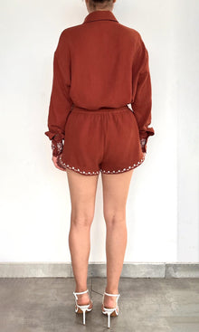 Rococo Sand | Jaci Cotton Double Cloth Gauze Embbroidered Shorts | Brown White