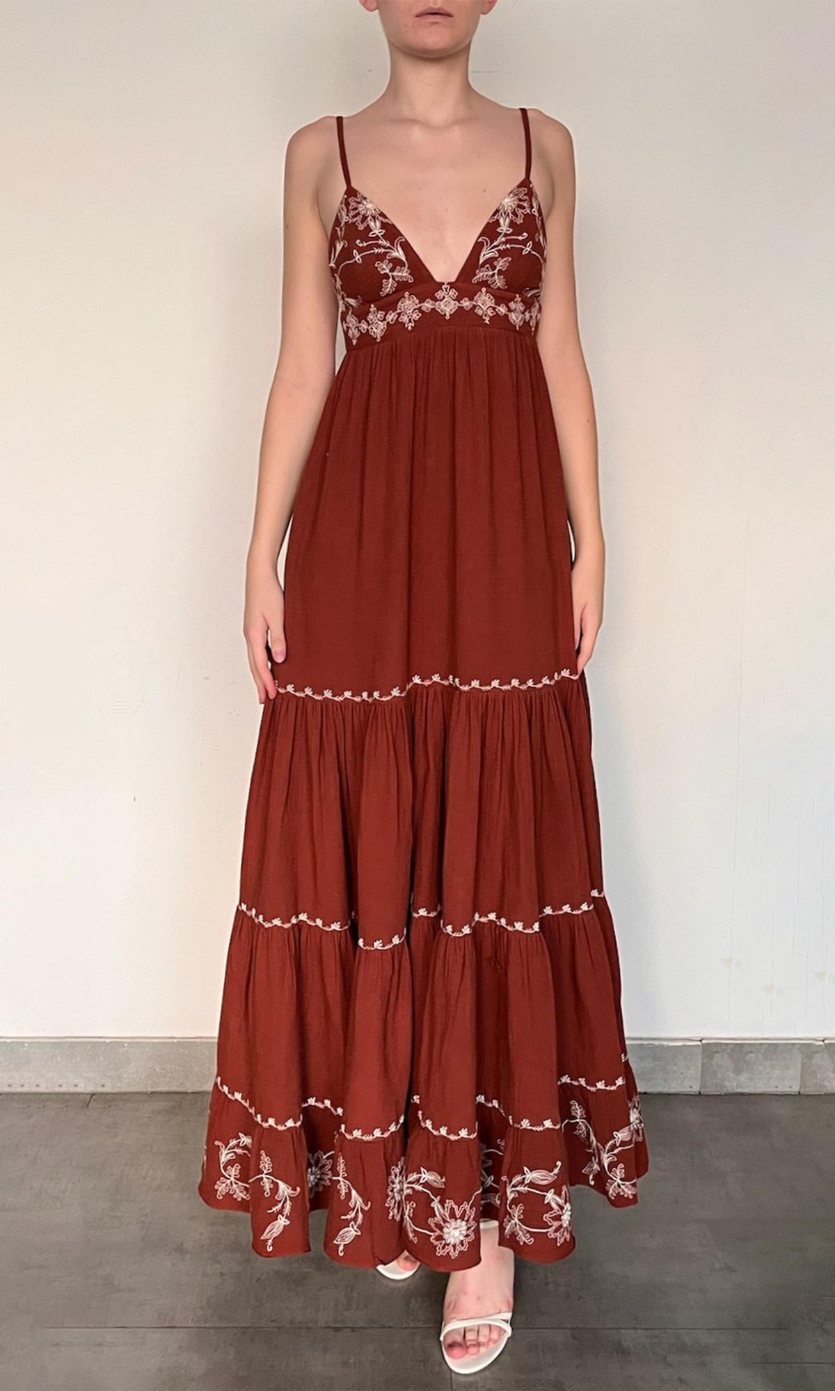 Rococo Sand | Jaci Cotton Double Cloth Gauze Tiered Embroidered Maxi Dress | Brown White
