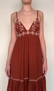 Rococo Sand | Jaci Cotton Double Cloth Gauze Tiered Embroidered Maxi Dress | Brown White