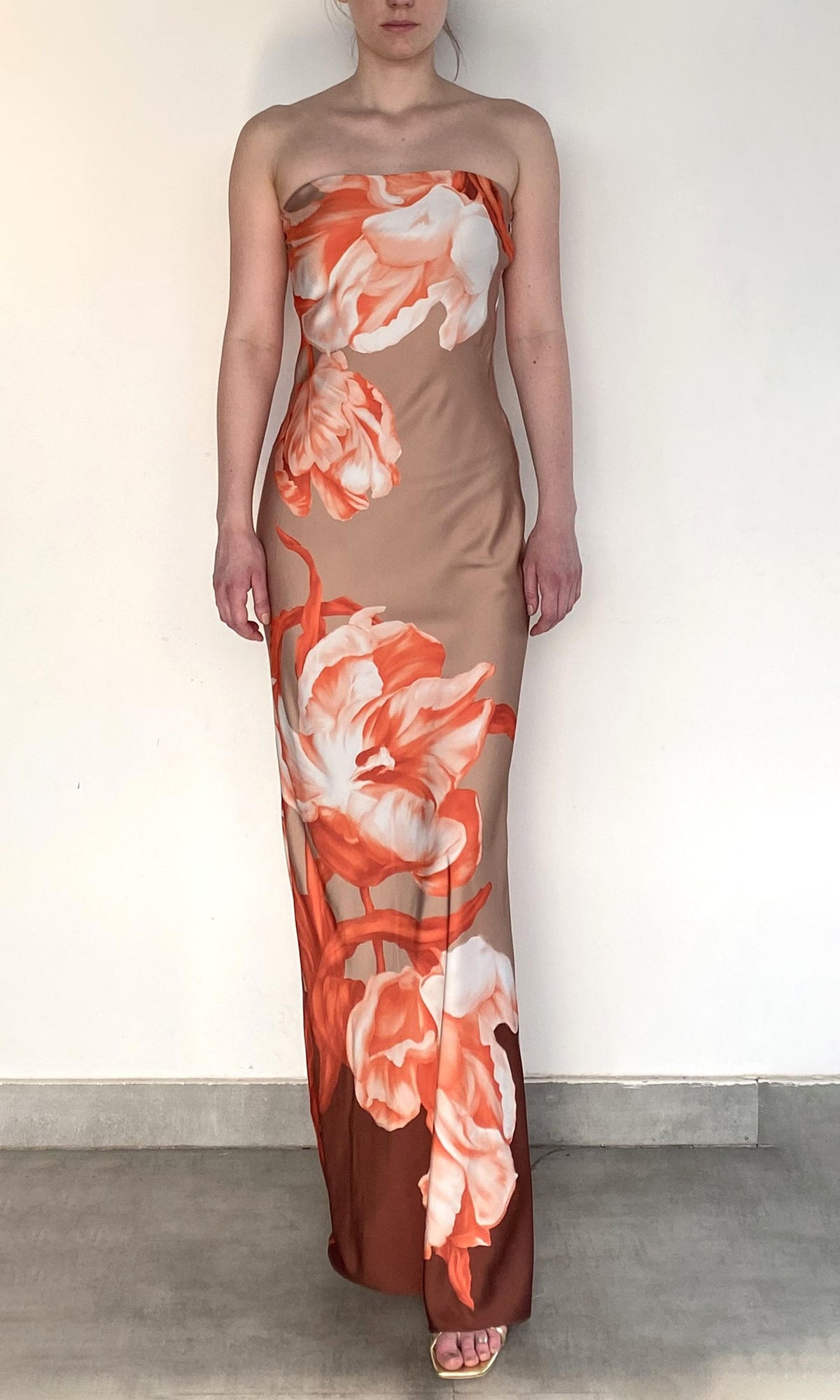 Rococo Sand | Jesse Polyester Satin Lycra Strapless Maxi Dress | Beige