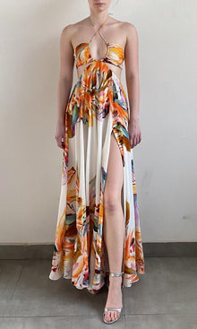 Rococo Sand | Jill Viscose Natural Crepe High Low Maxi Dress | White Multi