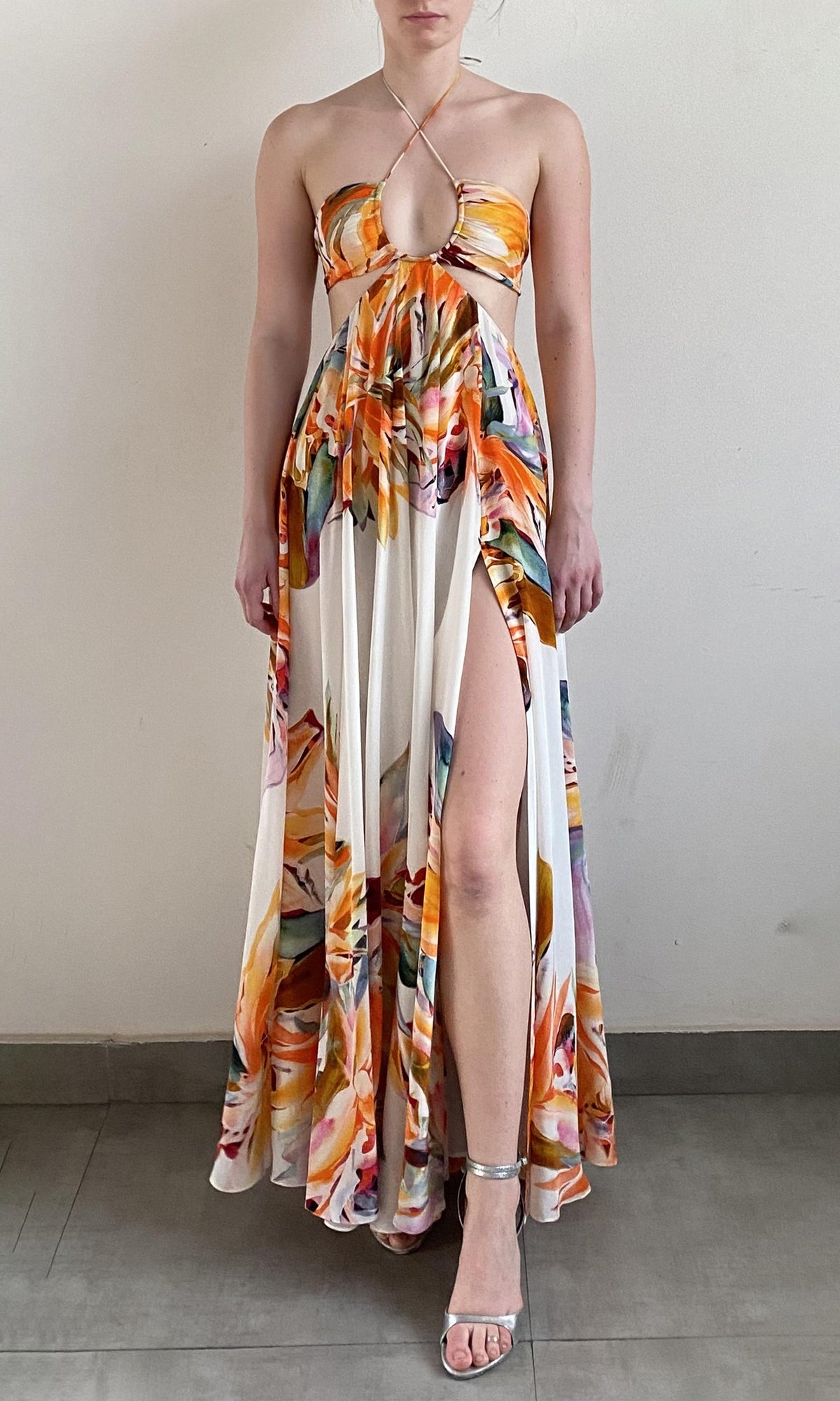 Rococo Sand | Jill Viscose Natural Crepe High Low Maxi Dress | White Multi