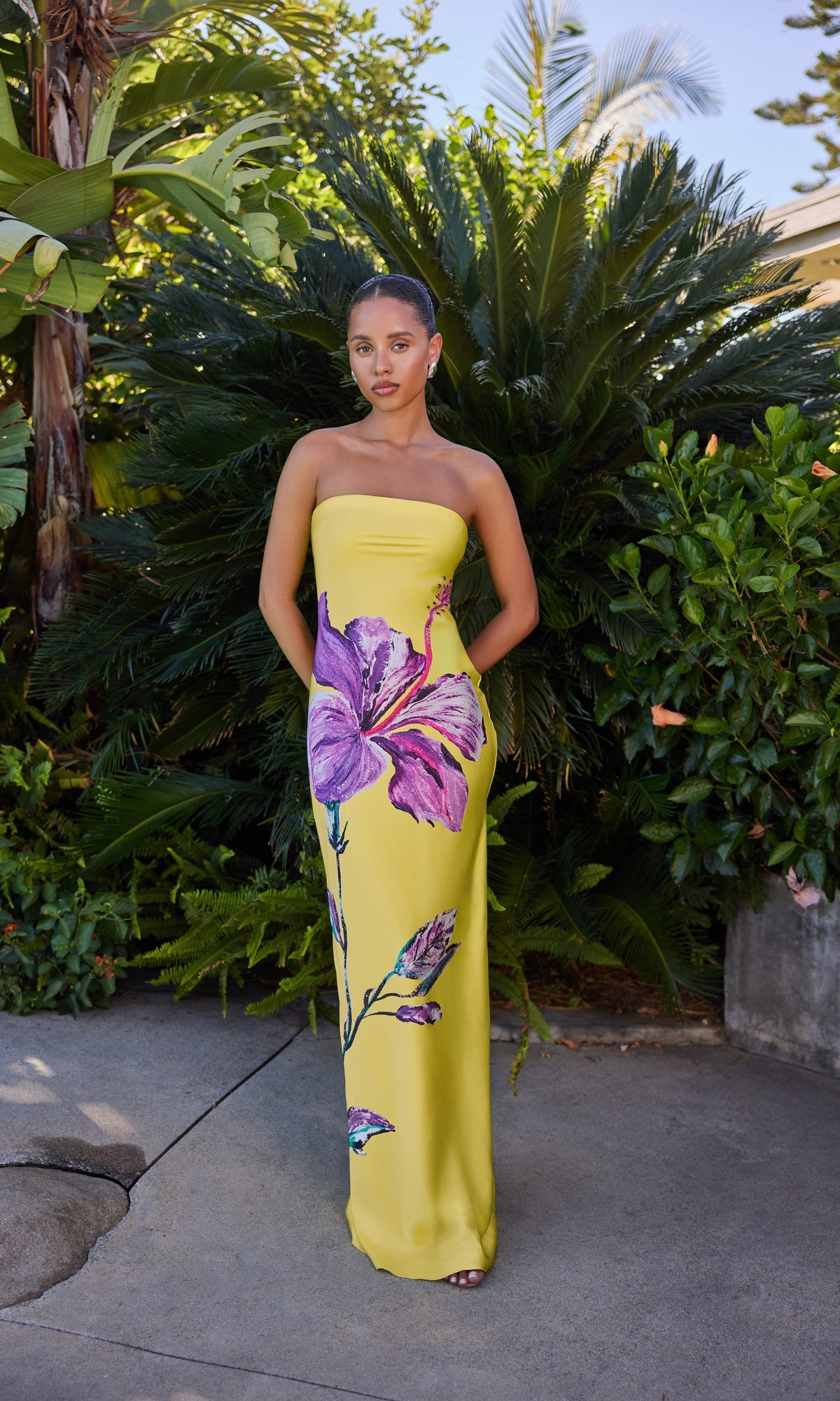 Rococo Sand | Juri Polyester Satin Lycra Strapless Maxi Dress | Yellow Purple