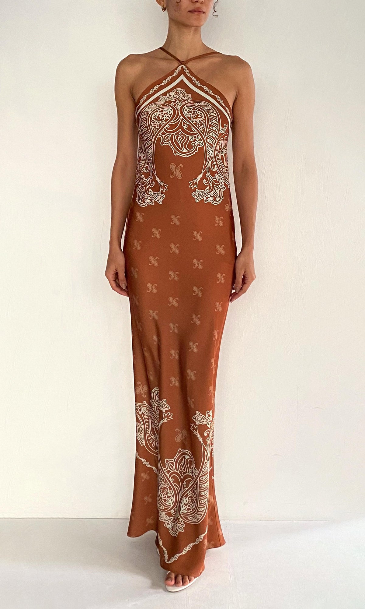 Rococo Sand | Kira Polyester Double Satin Bias Halter Maxi Dress | Brown