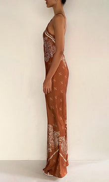 Rococo Sand | Kira Polyester Double Satin Bias Halter Maxi Dress | Brown
