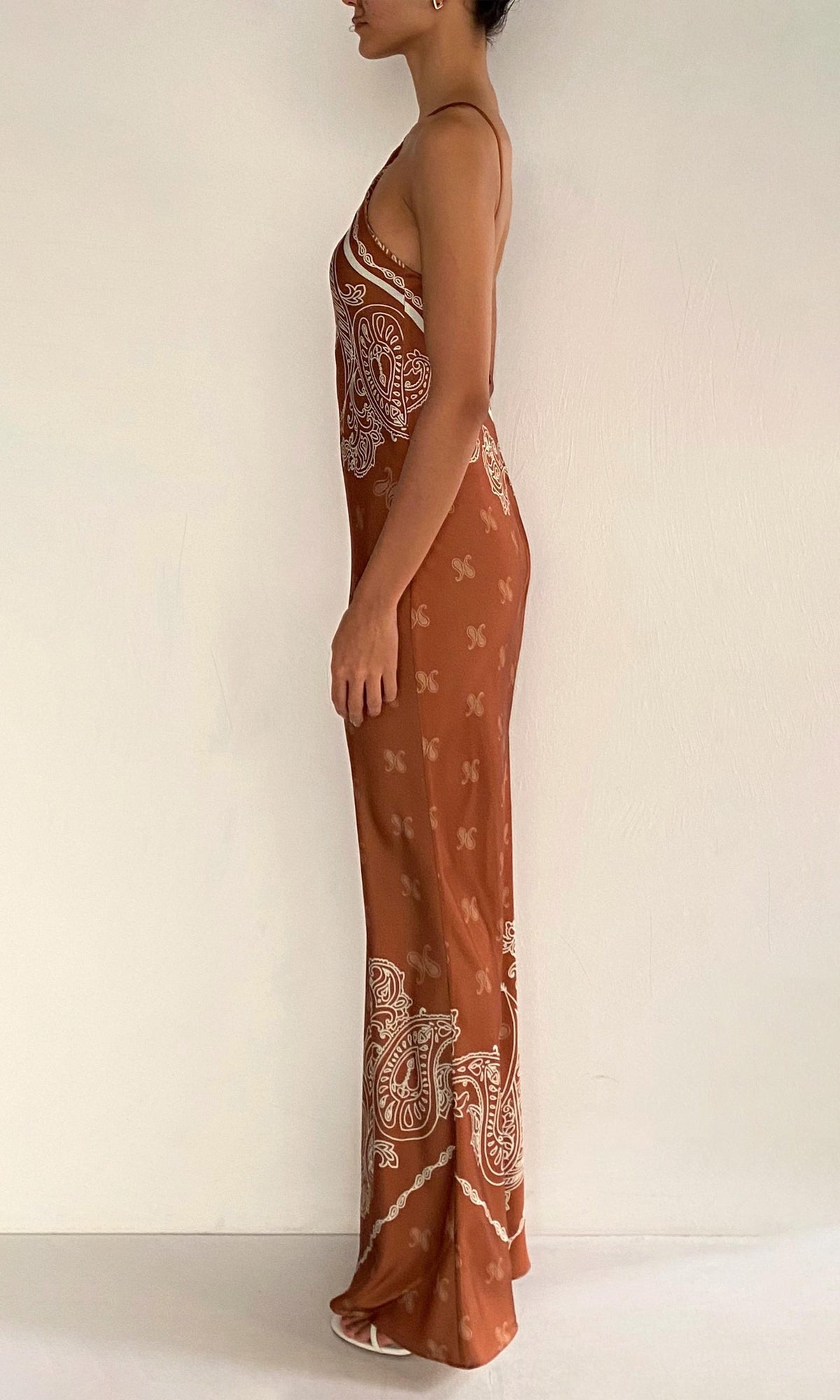 Rococo Sand | Kira Polyester Double Satin Bias Halter Maxi Dress | Brown