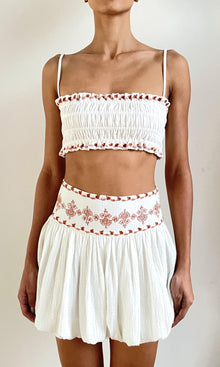 Rococo Sand | Myril Cotton Double Cloth Gauze Embroidered Bubble Hem Mini Skirt | White Terracotta