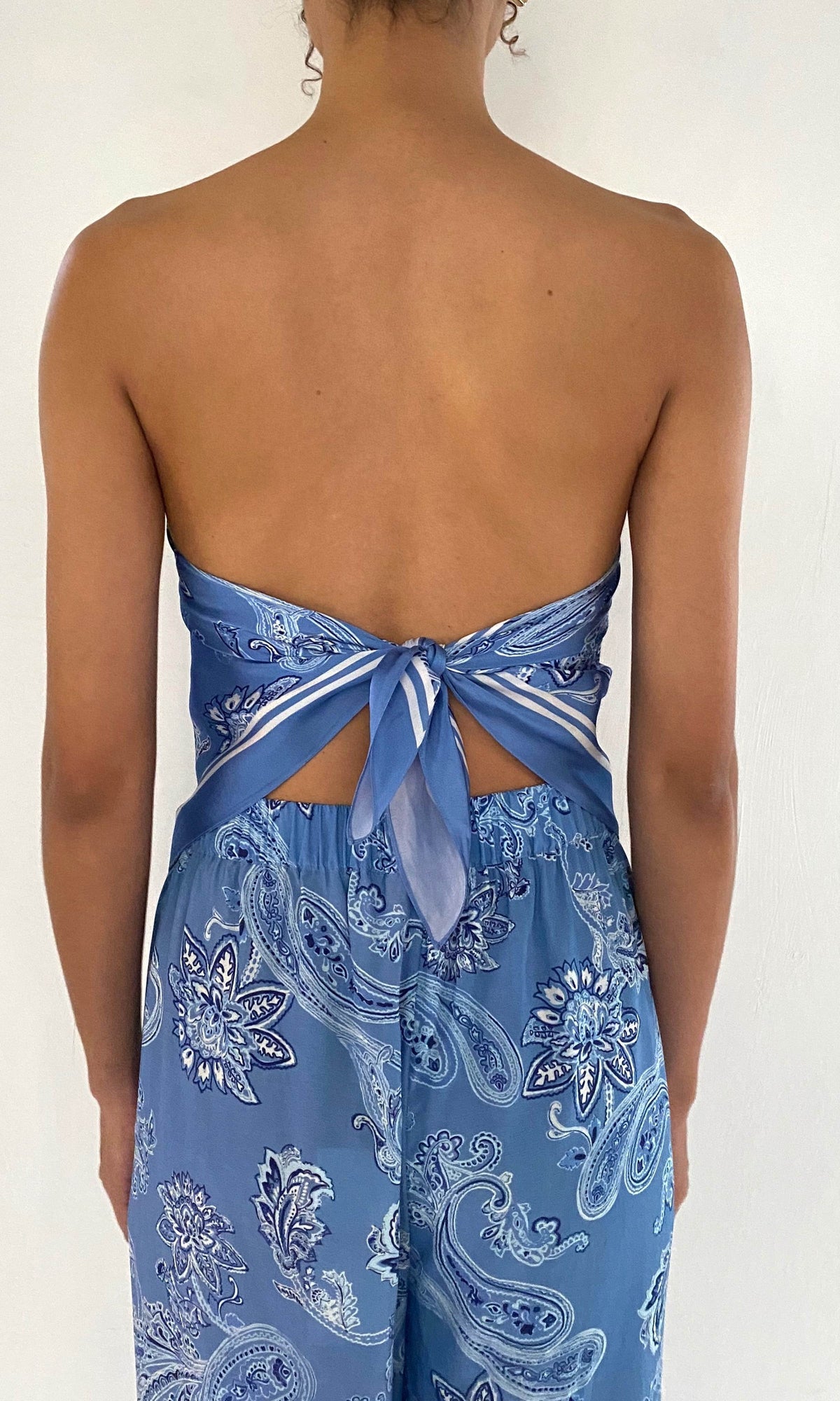 Rococo Sand | Navy Bemberg Cupro Satin Scarf Top | Light Blue