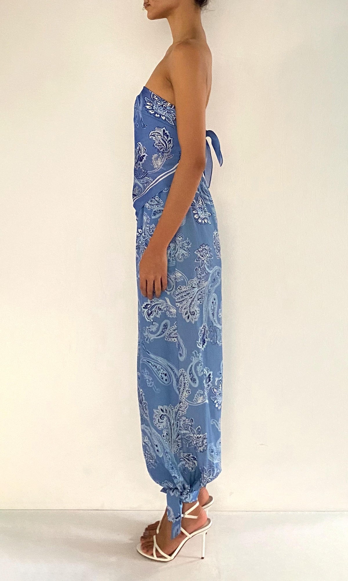Rococo Sand | Navy Bemberg Cupro Satin Scarf Top | Light Blue