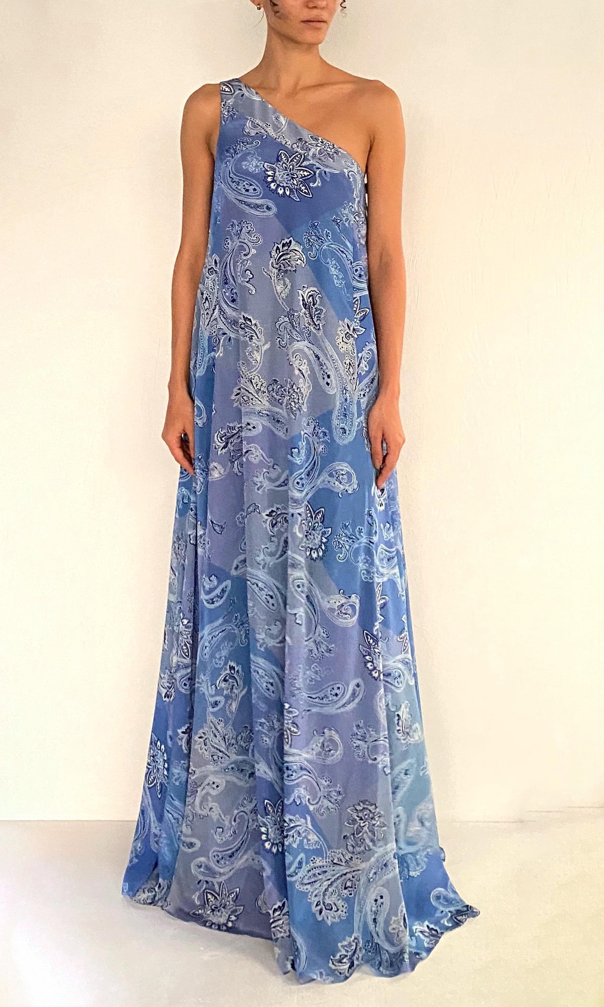 Rococo Sand | Navy Viscose Natural Crepe One Shoulder Maxi Dress | Light Blue