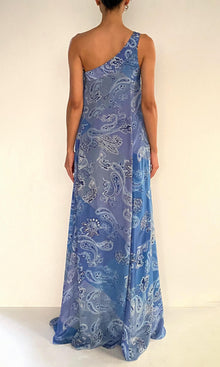 Rococo Sand | Navy Viscose Natural Crepe One Shoulder Maxi Dress | Light Blue