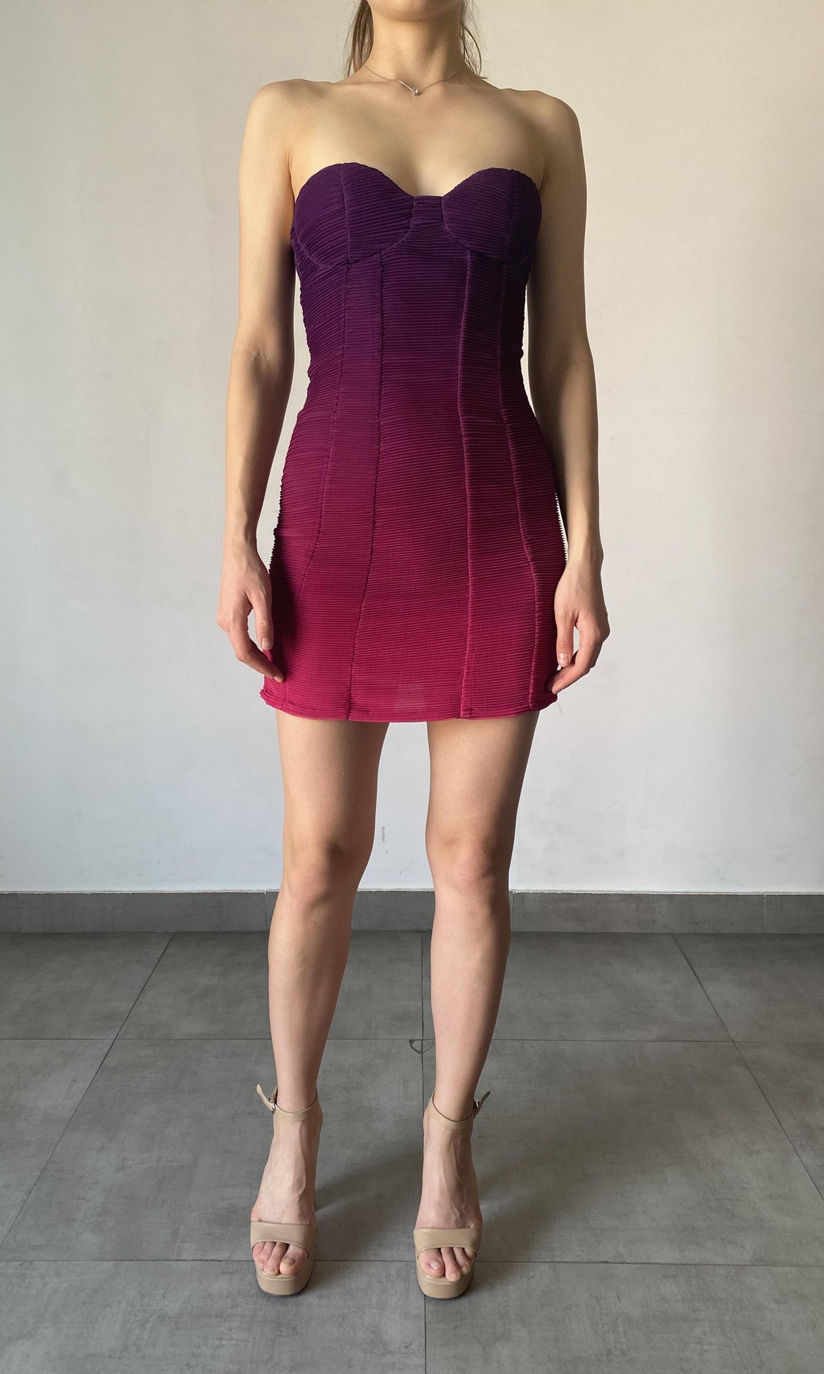 Rococo Sand | Paige Polyester Chiffon Strapless Short Dress | Purple Ombre