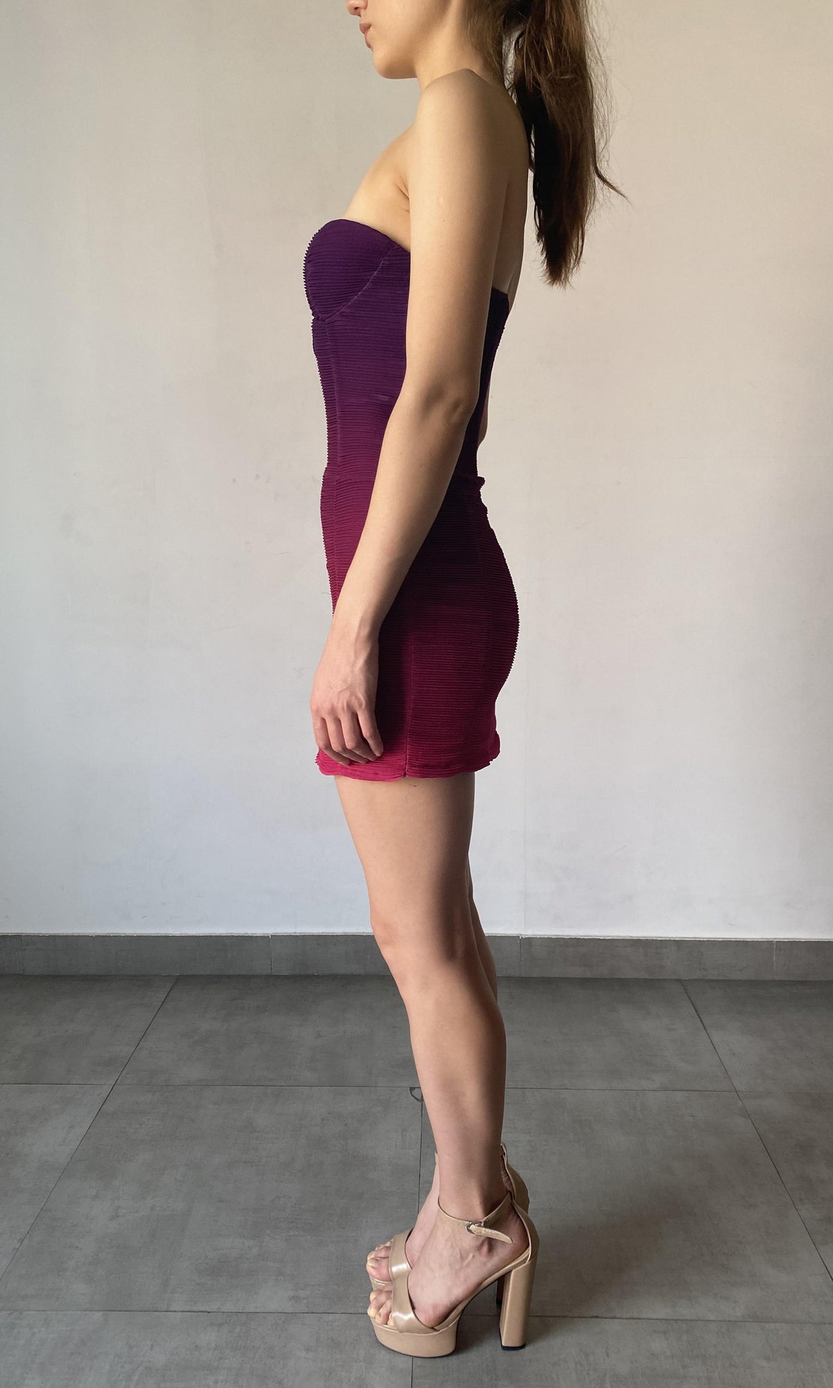 Rococo Sand | Paige Polyester Chiffon Strapless Short Dress | Purple Ombre
