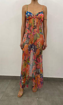 Rococo Sand | Plum Polyester Stripe Net High Low Maxi Dress | Multi Fruit